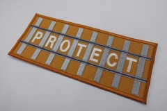 線路の枕木の間に一文字ずつ社名当てはめたデザインのオリジナル刺繡ワッペンの制作実績。