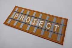 線路の枕木の間に一文字ずつ社名当てはめたデザインのオリジナル刺繡ワッペンの制作実績。