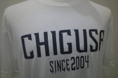 白いTシャツの胸中央にネイビーのシートで大きくチームロゴを配置したラバープリントの制作実績。