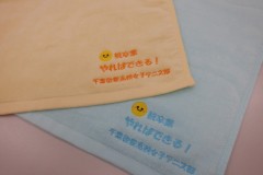 パステルカラーのオレンジ色と水色のハンドタオルに記念品として応援メッセージを刺繍した制作事例。