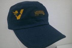 紺の帽子の右前面にVとイーグルが合体したようなロゴをオレンジの糸で刺繍した制作事例。