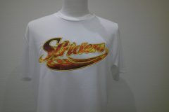 白いTシャツの胸中央に炎の画像がプリントされた生地で流れるような筆記体文字が表現されており、生地を金糸で縁取り刺繡している躍動感あふれる制作事例。