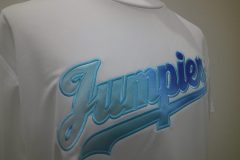 白いTシャツに、淡い水色から濃い青へと変化するグラデーションがプリントされた生地でカットされた文字を縁取り刺繍した制作事例。