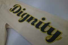 長袖Tシャツの左袖にロングタイプの縁取り刺繍。黒のサテン生地に金糸で加工した刺繍屋HONESTの制作実績。
