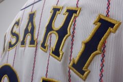 野球ユニフォームの背中上に個人名をアーチ状に縁取り刺繍をした作品。ベース生地はエンブクロスの濃紺。フチ縫いの糸はメタリック金糸を使用。