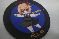 花紺と黒を背景歳、中心にキャラクターデザインを据えた、円形のプリントワッペンの制作事例。