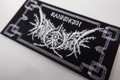 黒い布地に白糸で繊細な線を刺繍したオリジナルロゴのワッペンの制作事例。