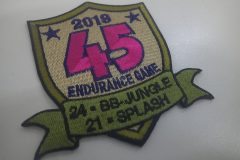 ベージュ地にピンクと紫で目立つように45の数字を刺繡した盾形の大会記念オリジナル刺繡ワッペンの制作実績。盾にかかったように重ねたリボンには開催回数と会場の内訳が刺繡されている。