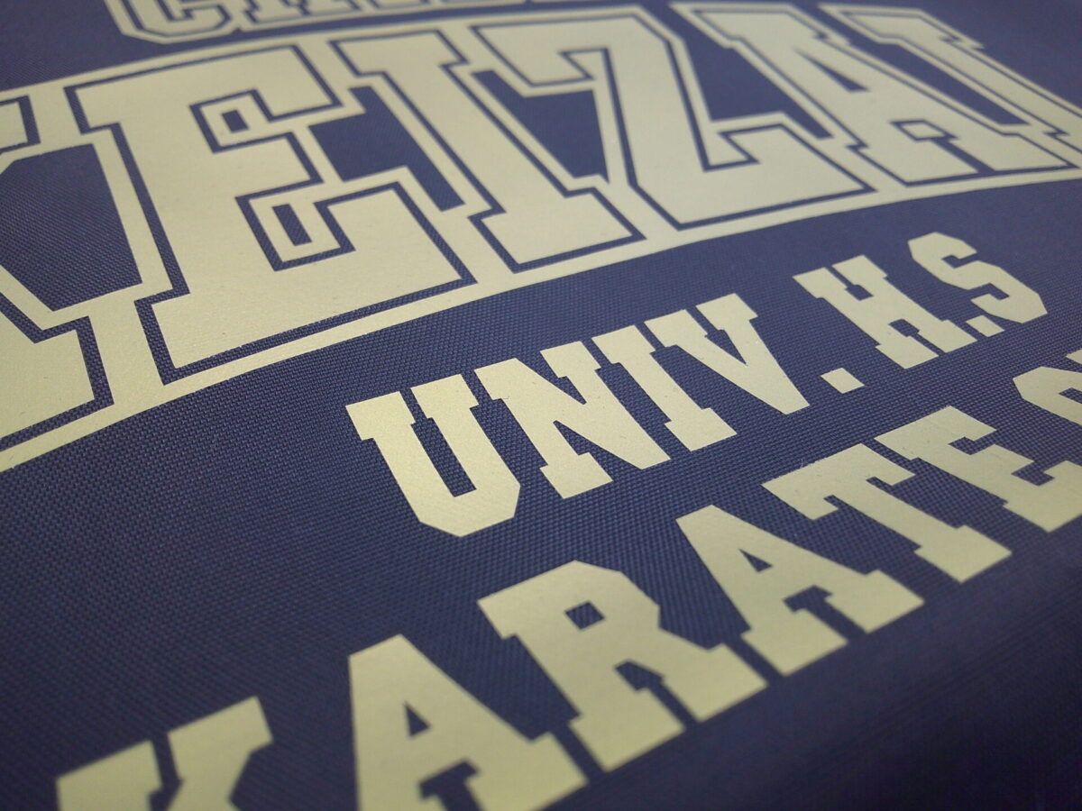 ナップザックに学校のロゴをラバープリントした部分のアップ。